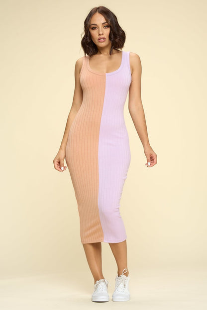 Casual Two-tone Midi Dress