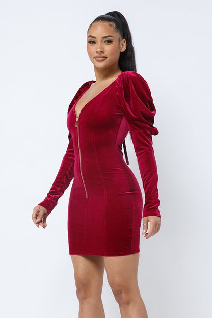 Velvet Puff Sleeve Mini Dress
