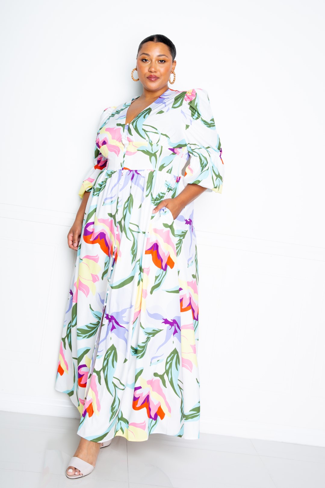 Long Flowy Floral Puff Sleeve Button Front Dress
