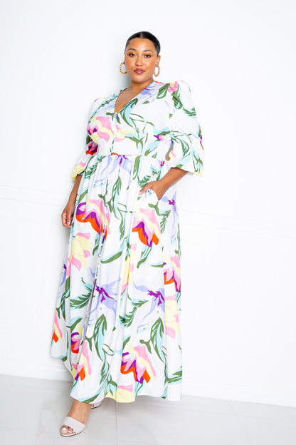 Long Flowy Floral Puff Sleeve Button Front Dress