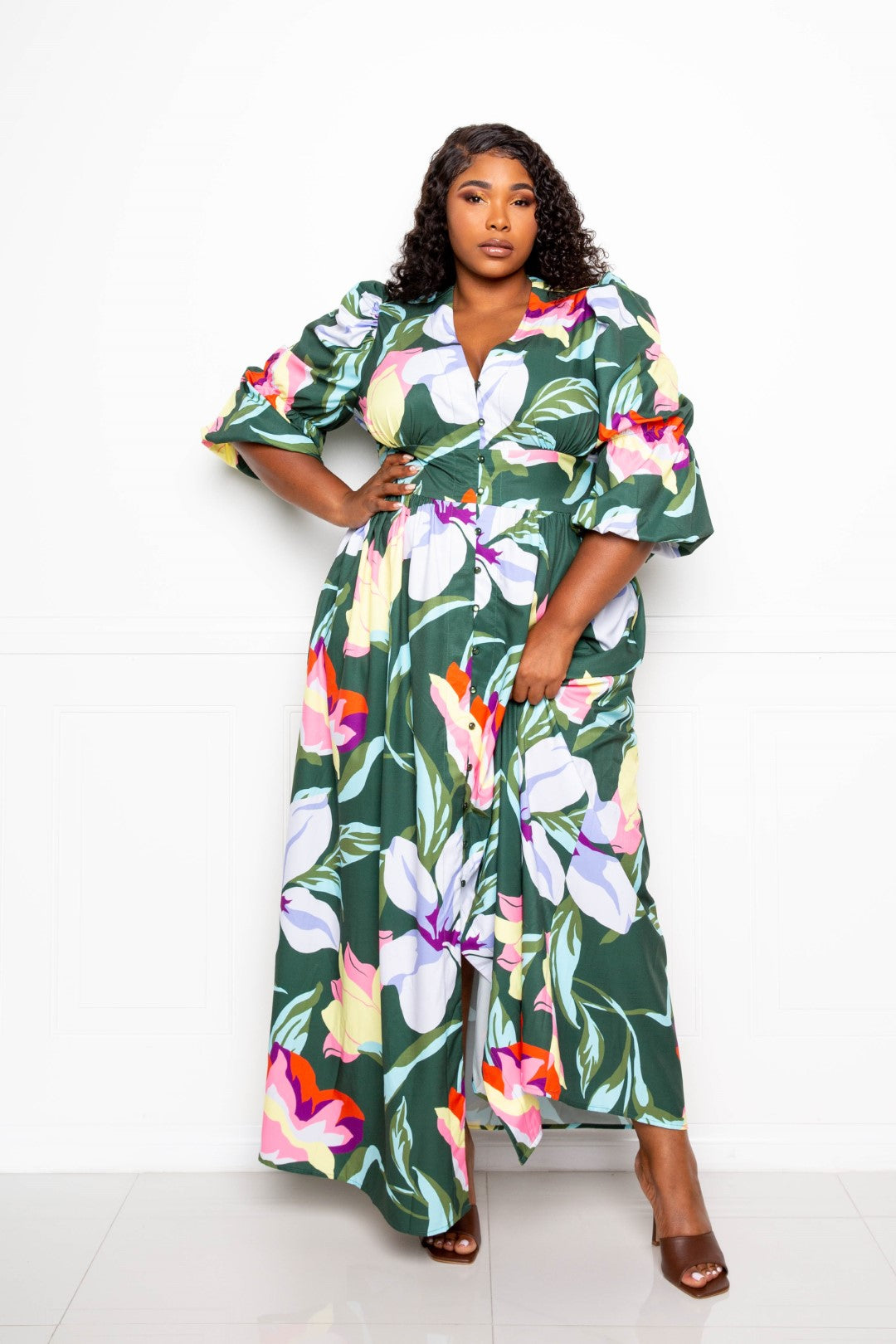 Long Flowy Floral Puff Sleeve Button Front Dress