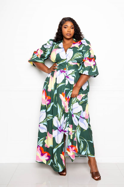 Long Flowy Floral Puff Sleeve Button Front Dress