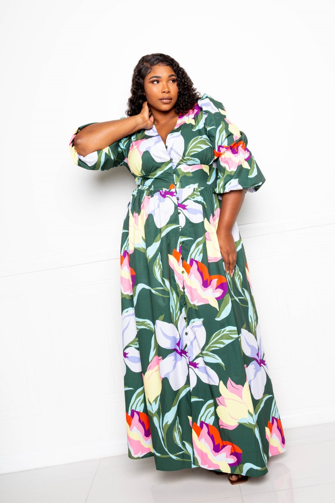 Long Flowy Floral Puff Sleeve Button Front Dress