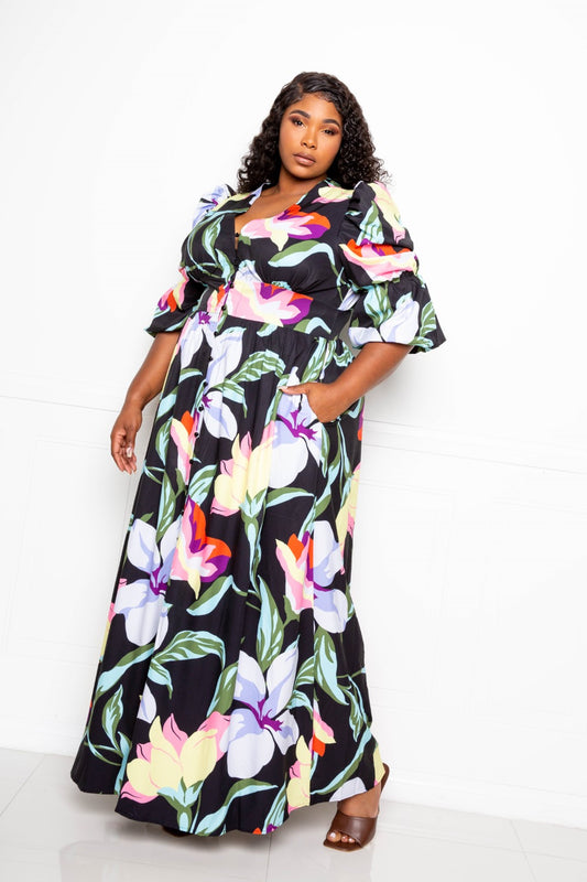 Long Flowy Floral Puff Sleeve Button Front Dress