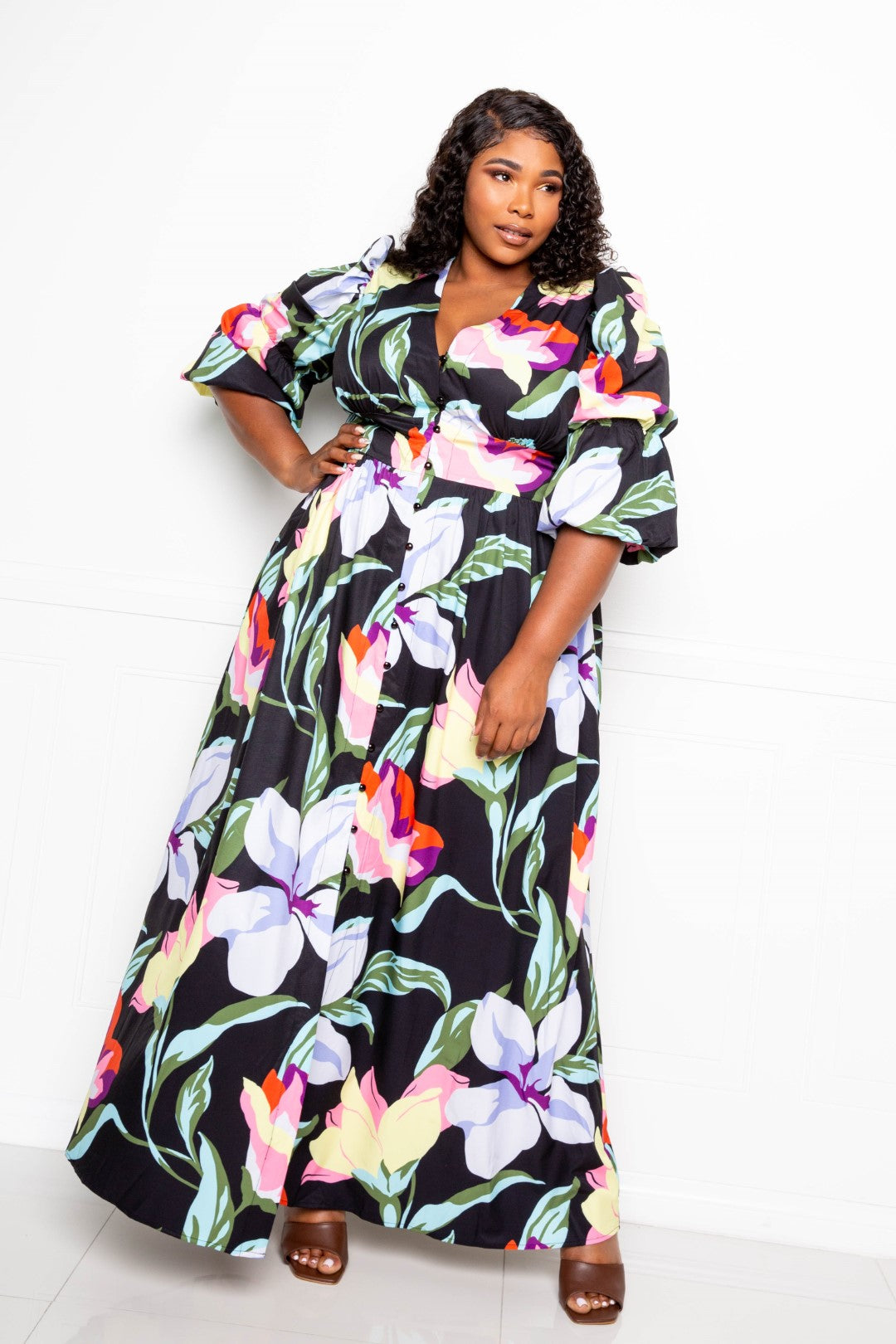 Long Flowy Floral Puff Sleeve Button Front Dress