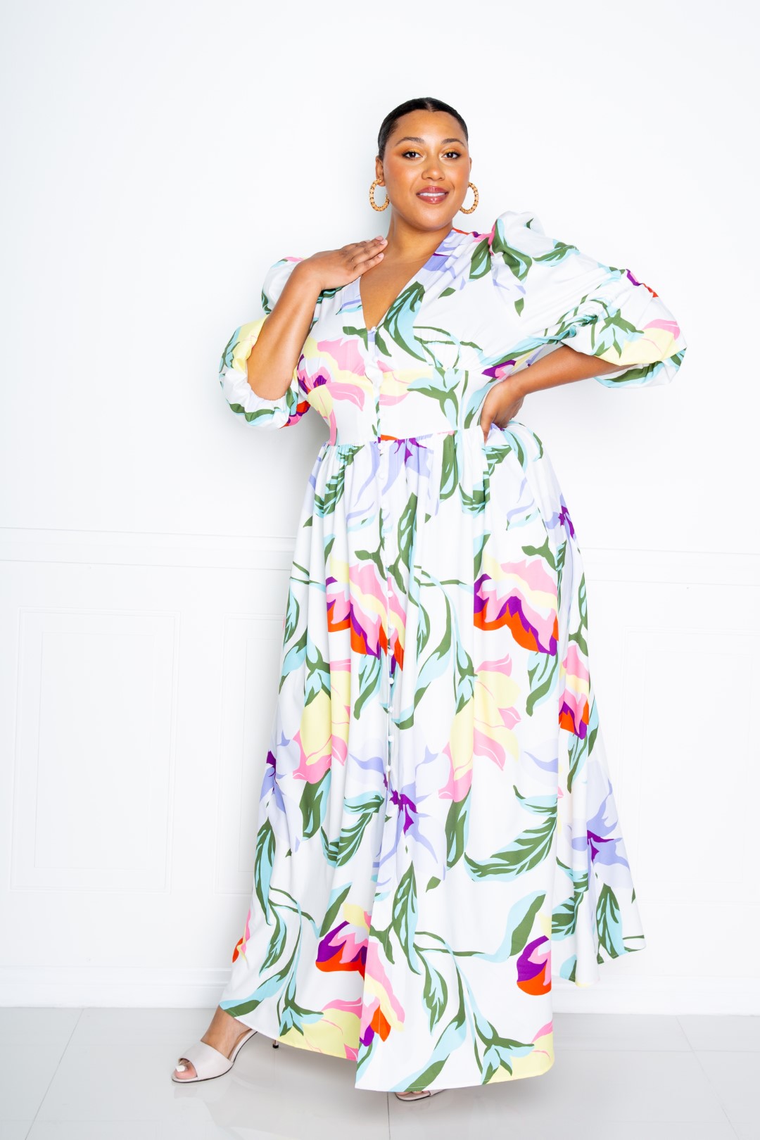 Long Flowy Floral Puff Sleeve Button Front Dress