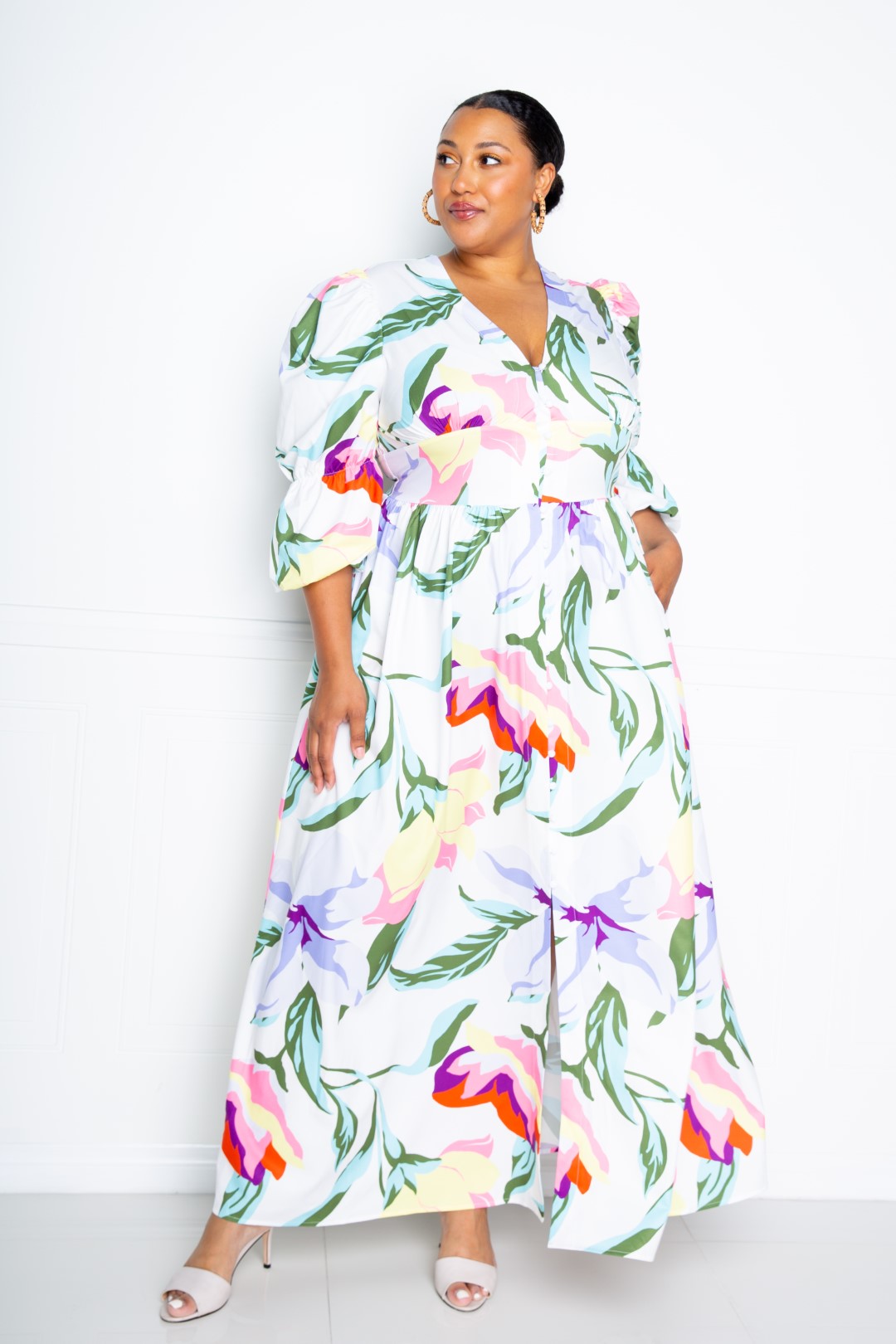 Long Flowy Floral Puff Sleeve Button Front Dress
