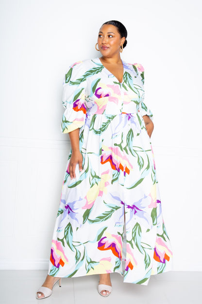 Long Flowy Floral Puff Sleeve Button Front Dress