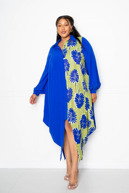 Two Tone Button Detail Drape Shirt Maxi Dress