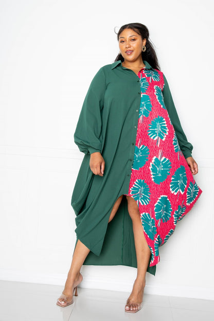 Two Tone Button Detail Drape Shirt Maxi Dress