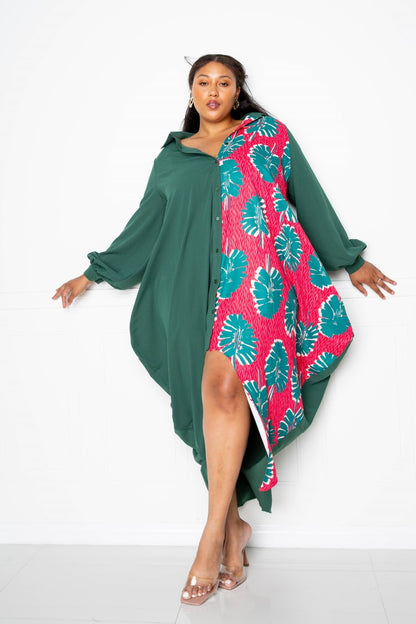 Two Tone Button Detail Drape Shirt Maxi Dress