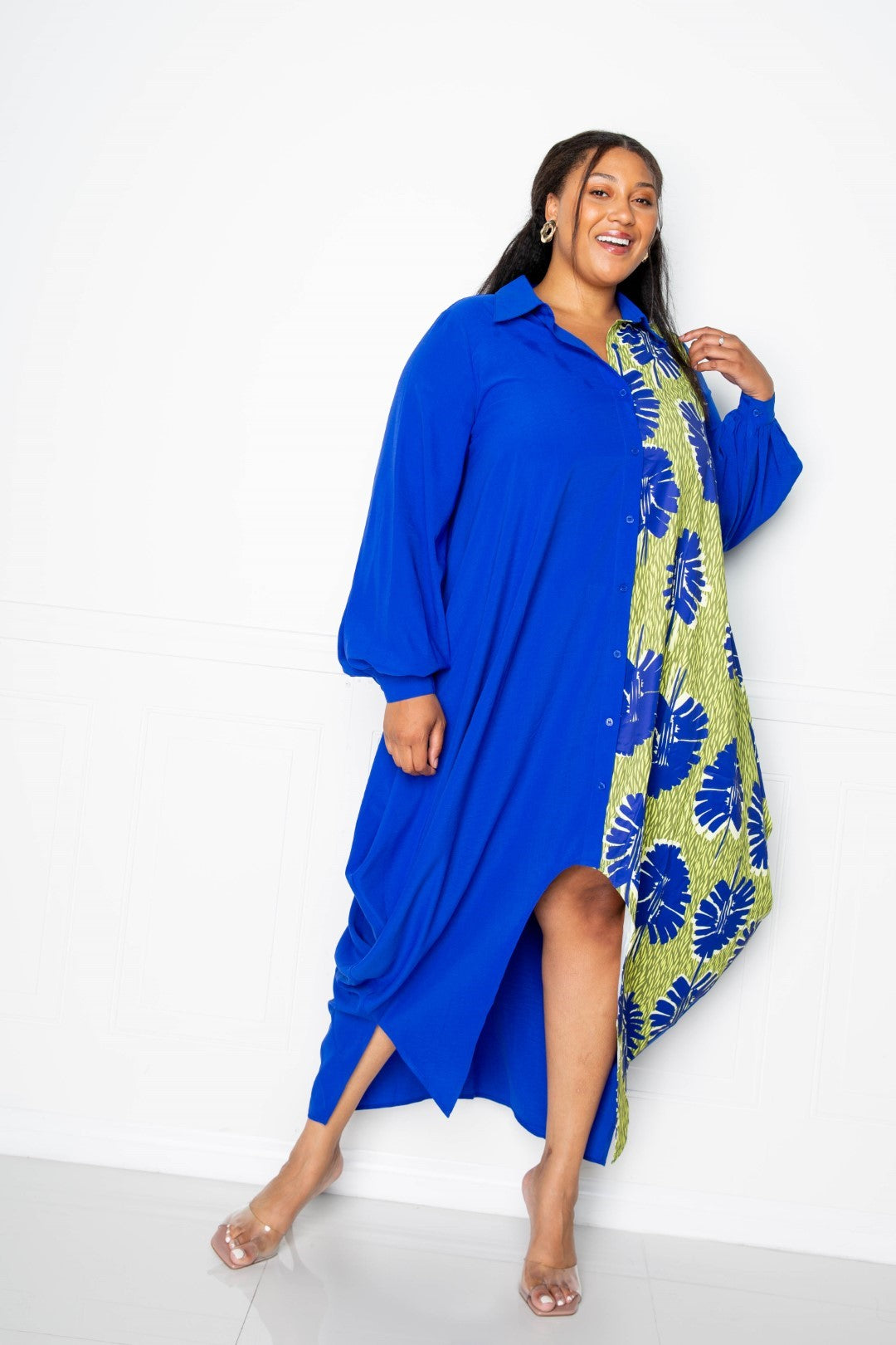Two Tone Button Detail Drape Shirt Maxi Dress
