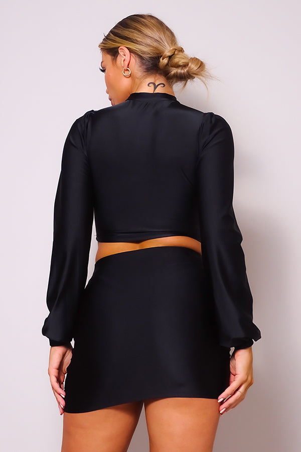 Puff Cutout Turtleneck & Side Ruched Garter Mini Skirt Set