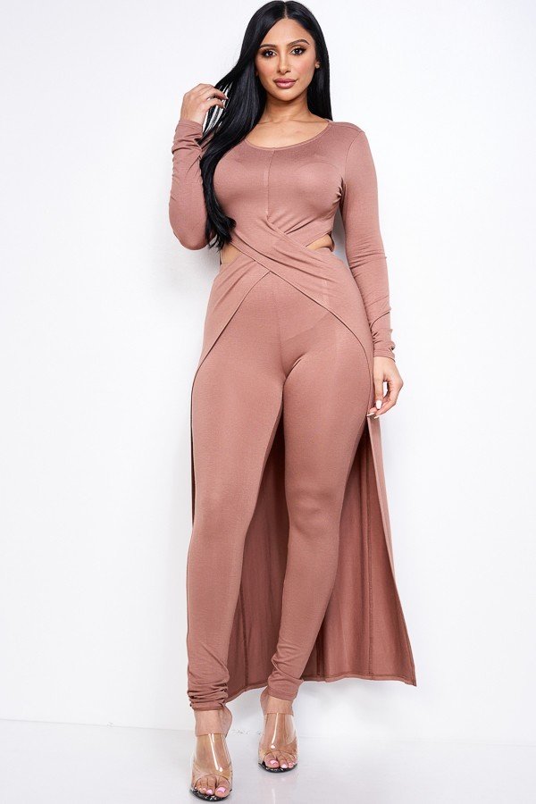 Long Sleeve Crossed Over Long Top And Leggings Set