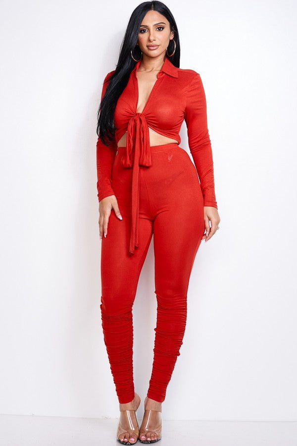 Solid Tie Front Top & Ruched Pants Set