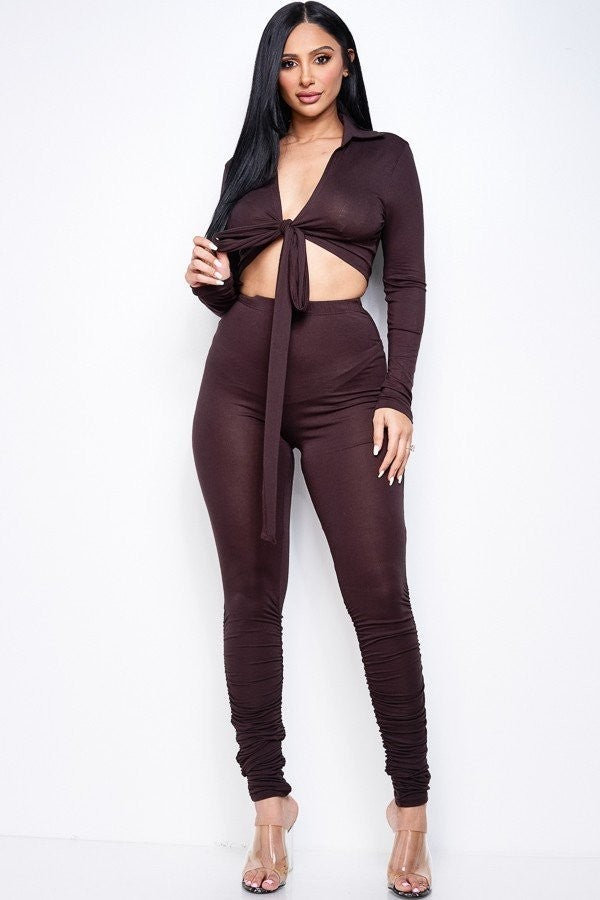 Solid Tie Front Top & Ruched Pants Set