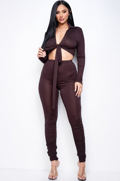 Solid Tie Front Top & Ruched Pants Set