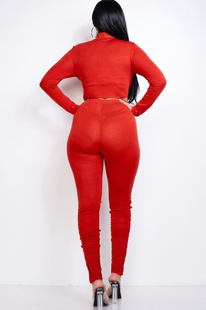 Solid Tie Front Top & Ruched Pants Set