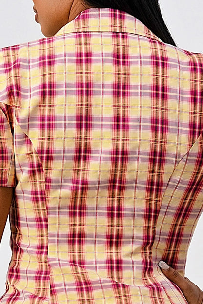 Collared Plaid Blazer Mini Dress with Splits