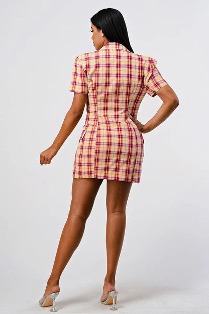 Collared Plaid Blazer Mini Dress with Splits