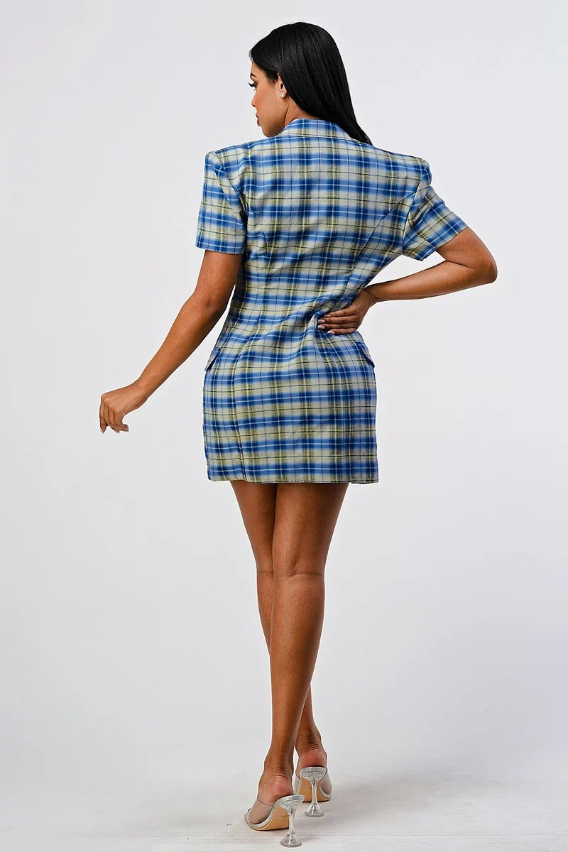 Collared Plaid Blazer Mini Dress with Splits