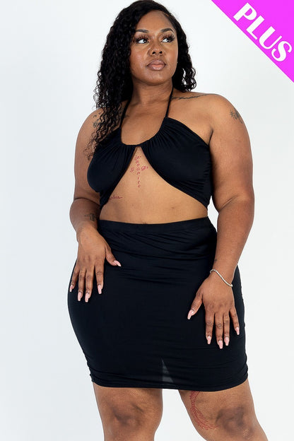 Curvy Crisscross Halter Top & Ruched Mini Skirt Set