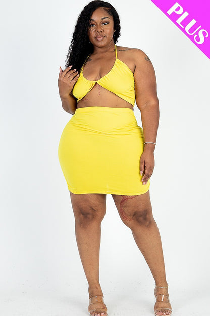 Curvy Crisscross Halter Top & Ruched Mini Skirt Set
