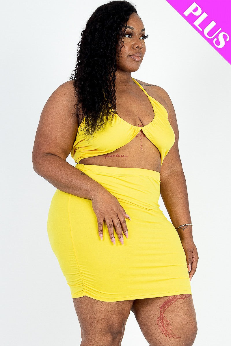 Curvy Crisscross Halter Top & Ruched Mini Skirt Set