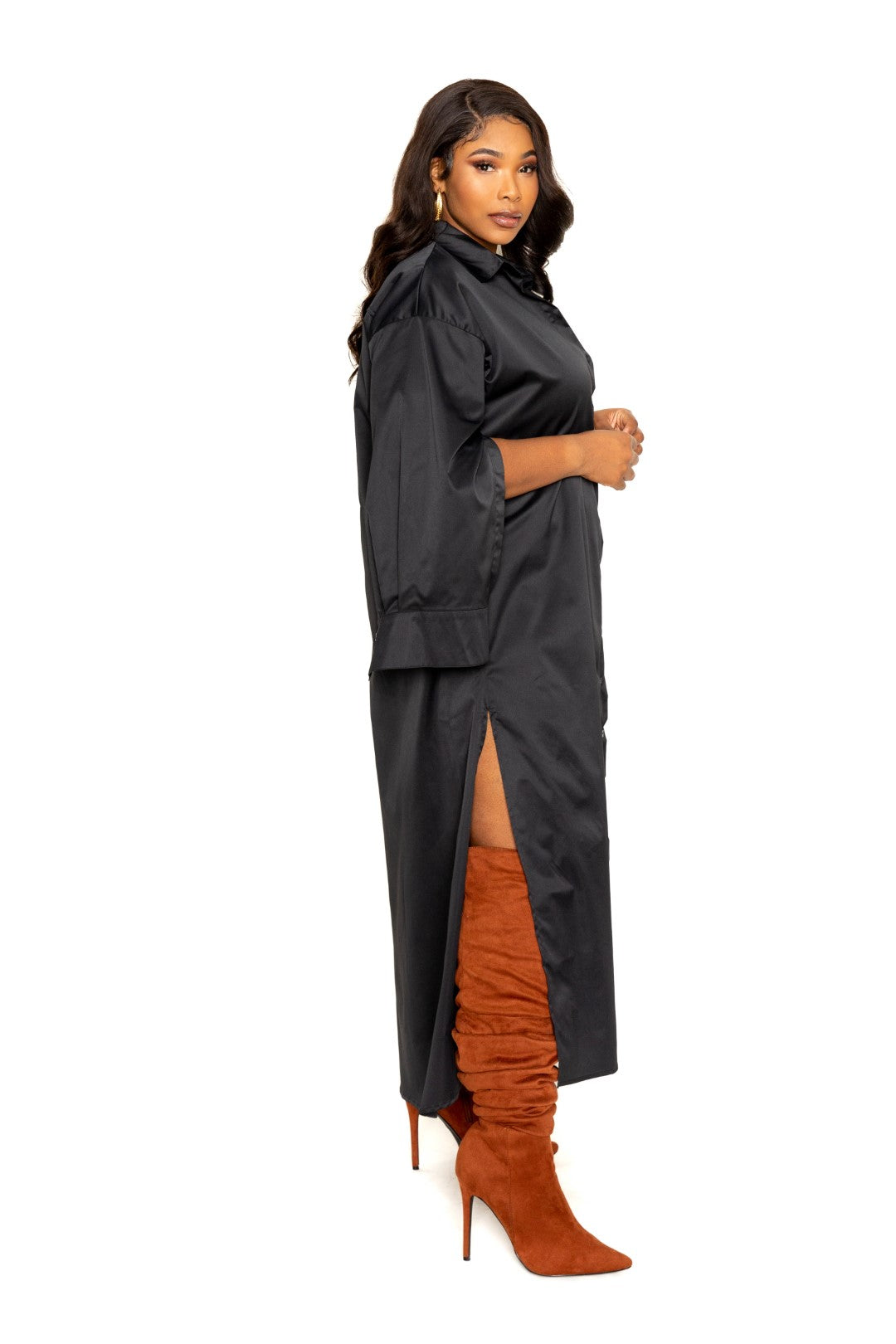 Button Down Cape Sleeve Shirt Dress