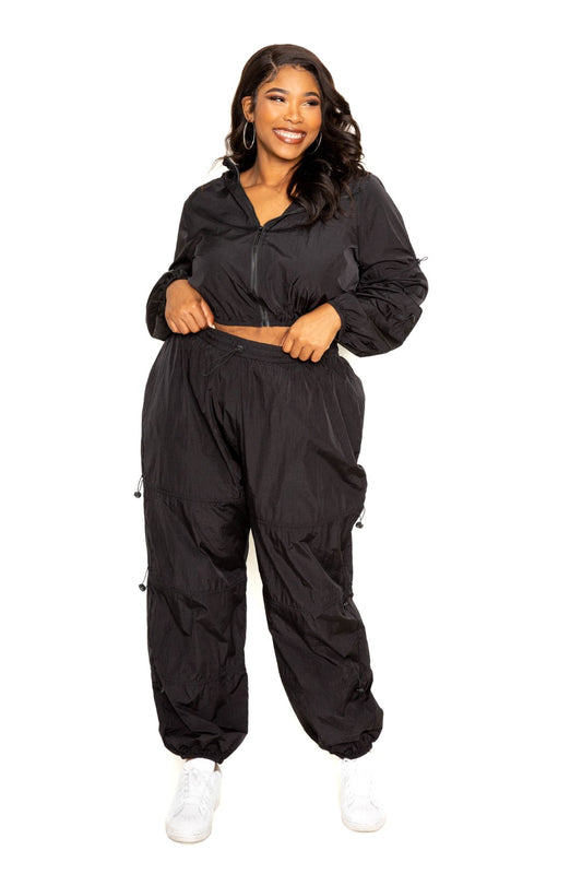 Curvy Zip up Windbreaker Matching Crop Top and Pants Set