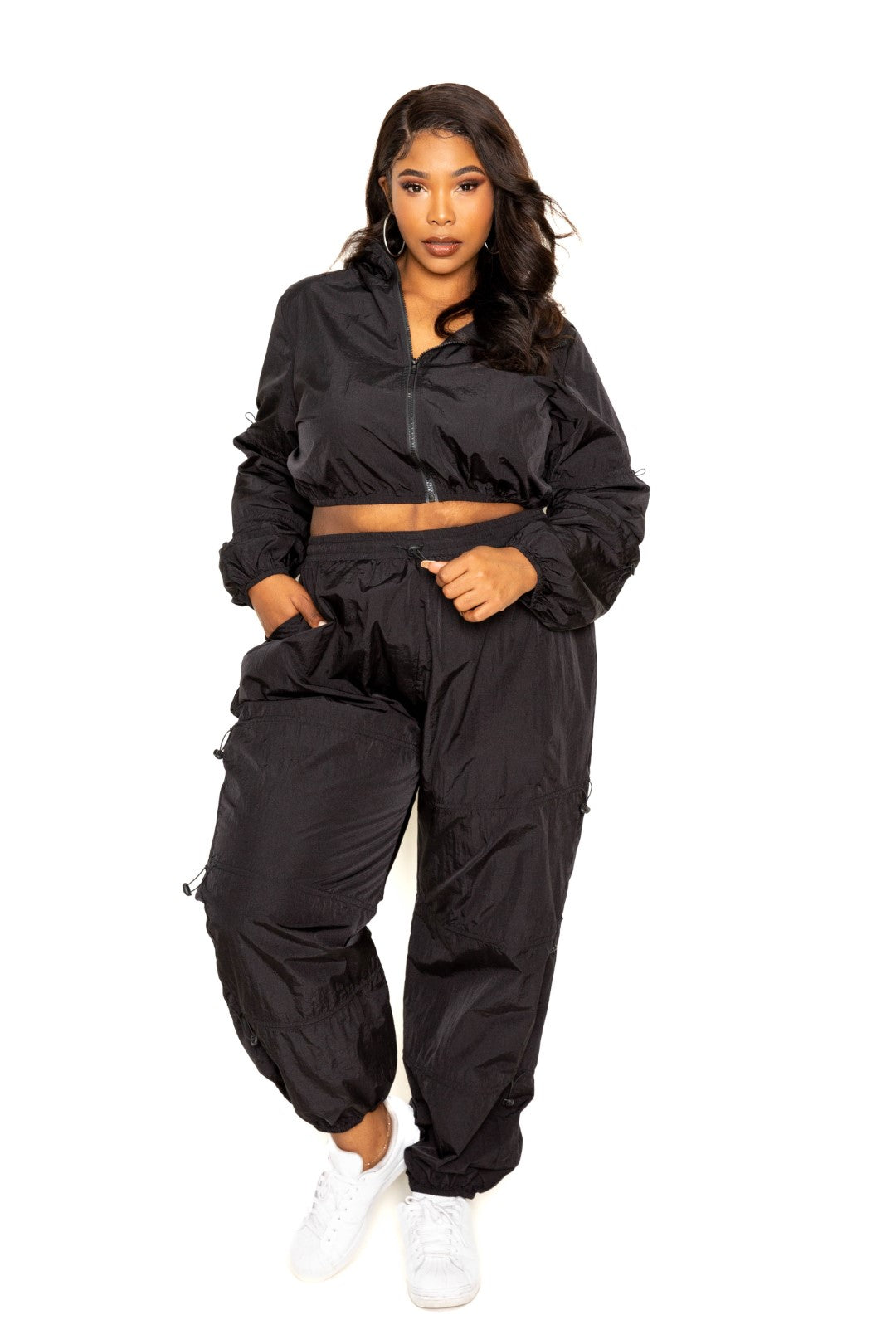 Curvy Zip up Windbreaker Matching Crop Top and Pants Set