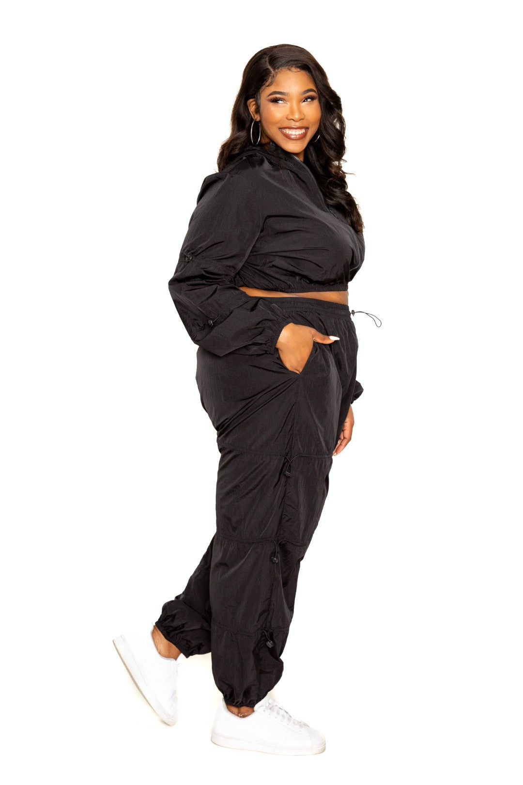 Curvy Zip up Windbreaker Matching Crop Top and Pants Set