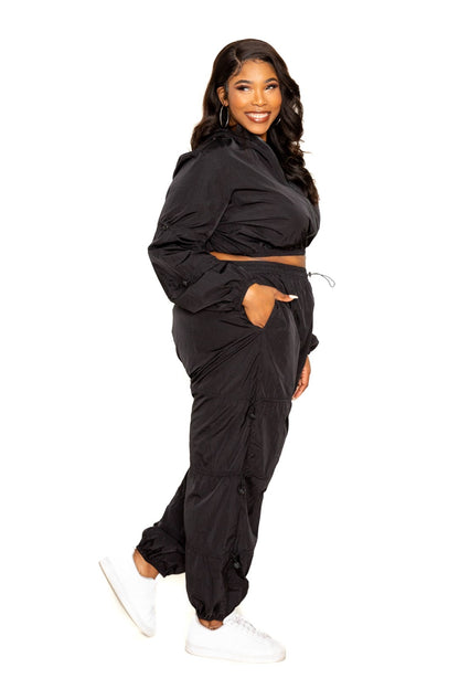 Curvy Zip up Windbreaker Matching Crop Top and Pants Set