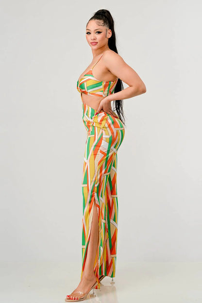 Geo Print Satin Bra Top & Palazzo jumpsuit