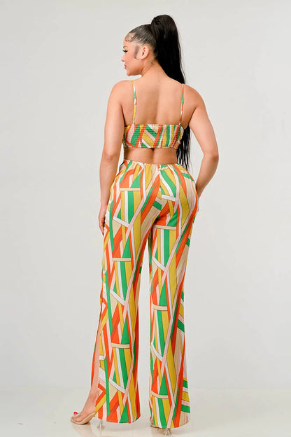 Geo Print Satin Bra Top & Palazzo jumpsuit