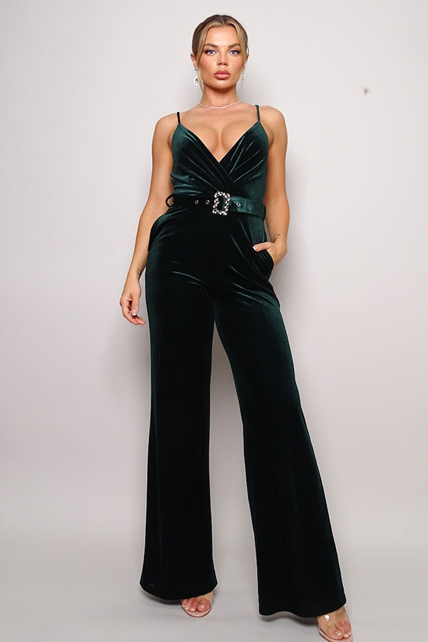 Rhinestone Belt Velvet Jumpsuit
