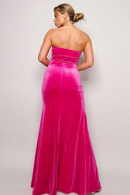 Asymmetrical Strapless Sweetheart Fitted Maxi Velvet Dress