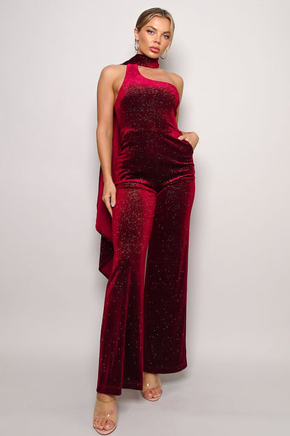 One Sleeve Glitter Velvet Jumpsuit