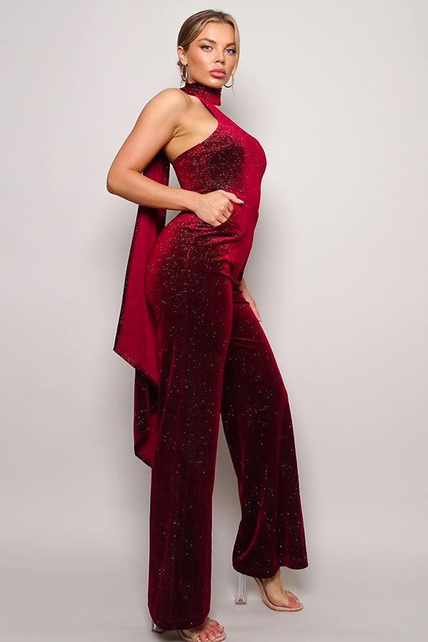 One Sleeve Glitter Velvet Jumpsuit