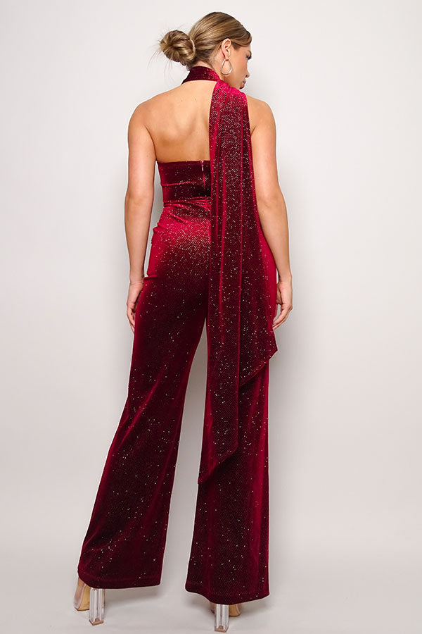 One Sleeve Glitter Velvet Jumpsuit