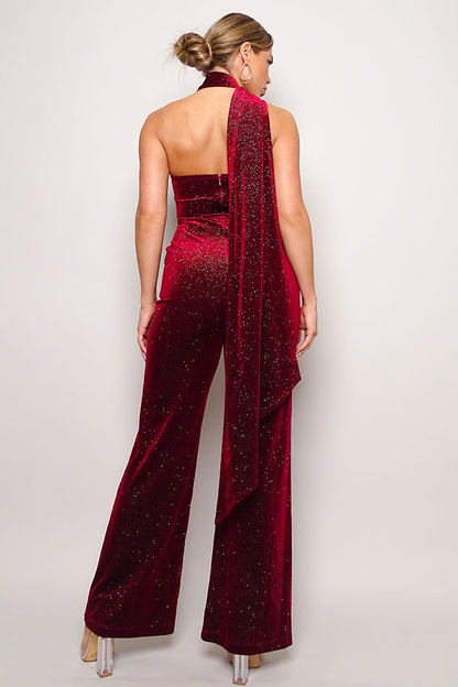 One Sleeve Glitter Velvet Jumpsuit