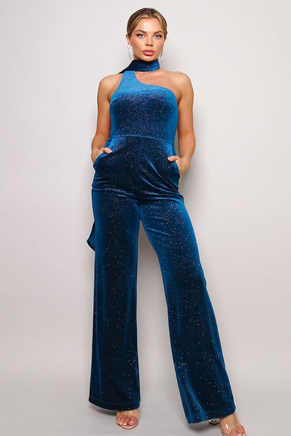 One Sleeve Glitter Velvet Jumpsuit