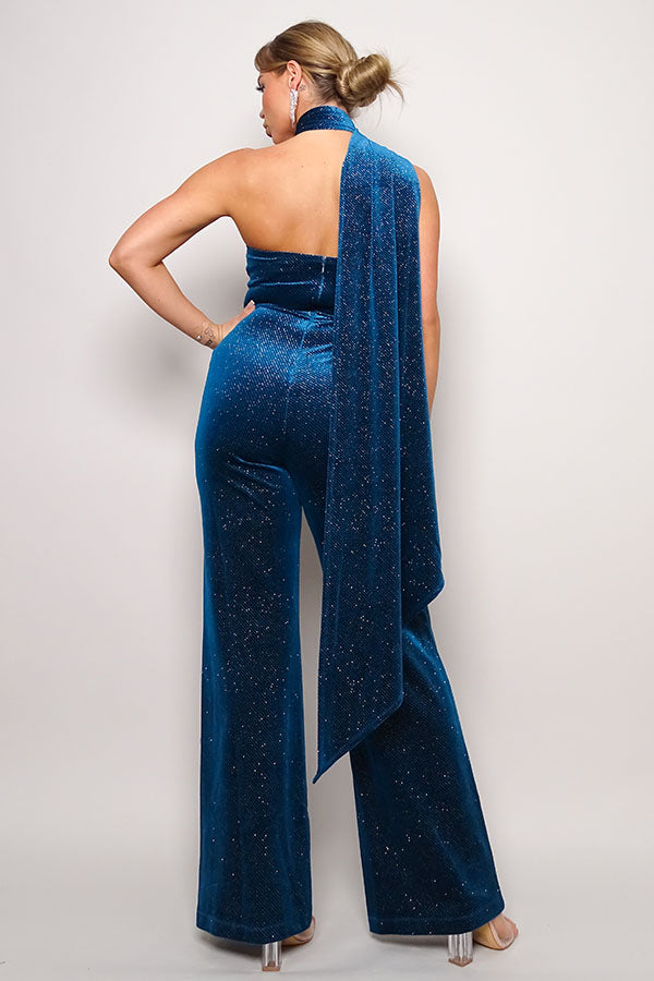 One Sleeve Glitter Velvet Jumpsuit