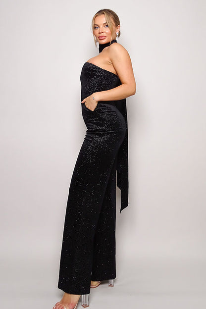 One Sleeve Glitter Velvet Jumpsuit