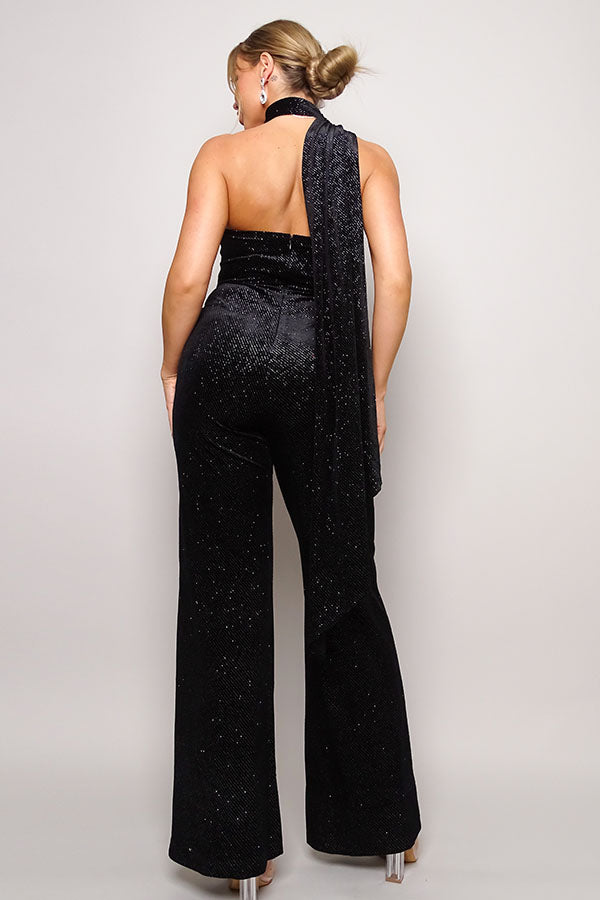 One Sleeve Glitter Velvet Jumpsuit