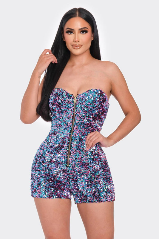 Fab Sequined Tube Top Romper WITH A GOLD ZIPPER