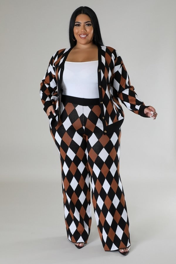 Black Multi Diamond Patterned Long Sleeves Stretch Pant Set