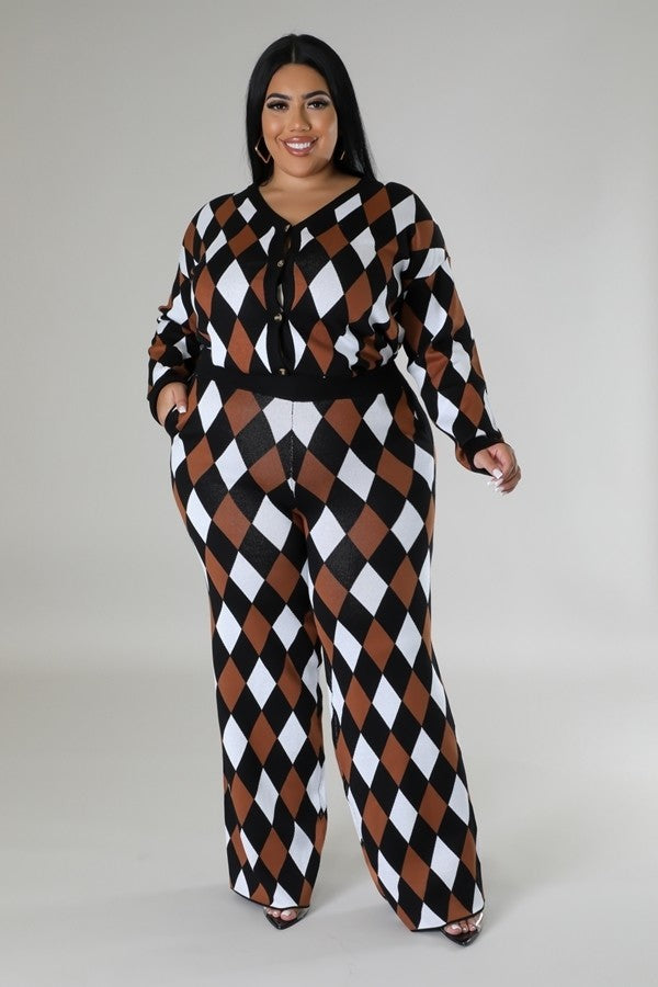 Black Multi Diamond Patterned Long Sleeves Stretch Pant Set