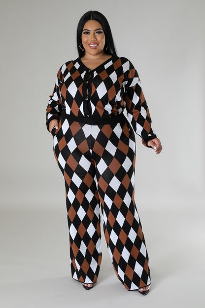 Black Multi Diamond Patterned Long Sleeves Stretch Pant Set