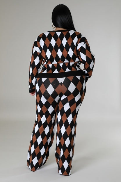 Black Multi Diamond Patterned Long Sleeves Stretch Pant Set